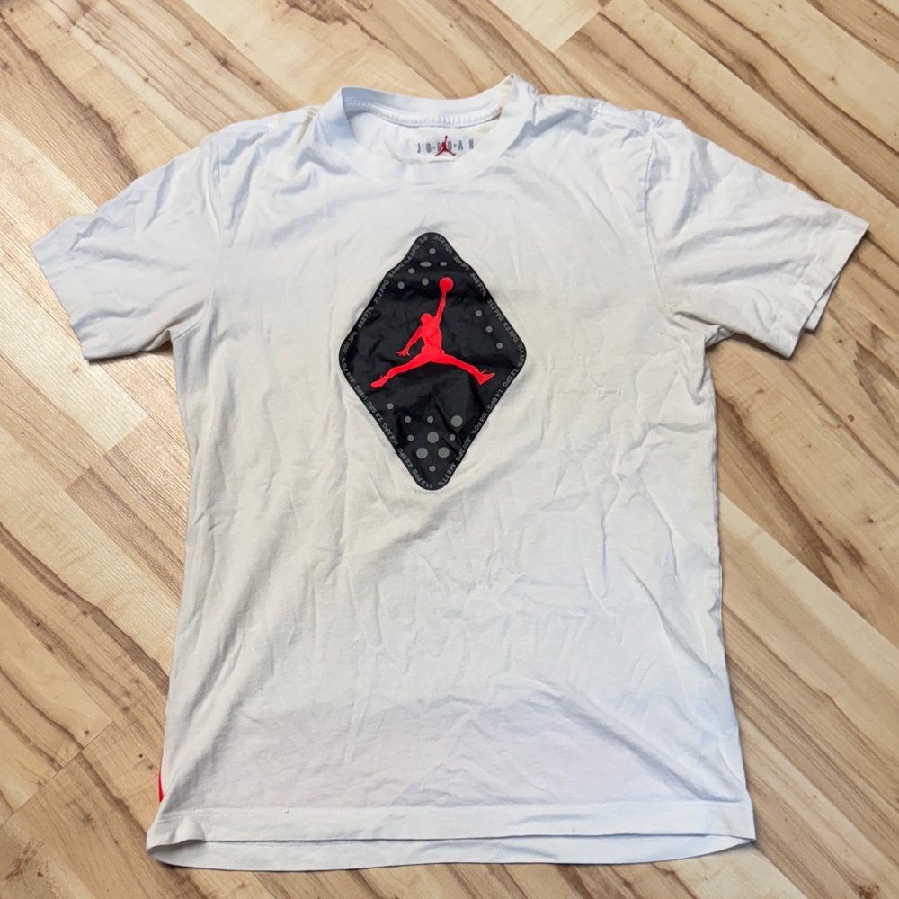 Jordan White Short-Sleeve Tee with Red Jumpman on Black Patch
